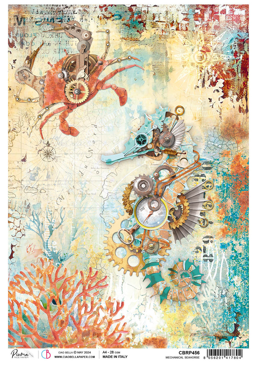 Ciao Bella Coral Reef MECHANICAL SEAHORSE A4 Rice Paper Decoupage #CBRP456