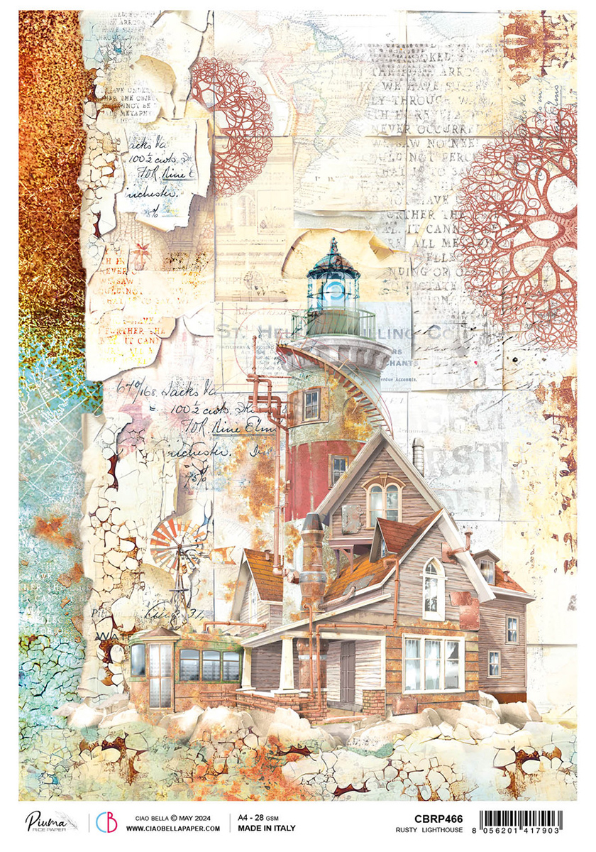 Ciao Bella Coral Reef RUSTY LIGHTHOUSE A4 Rice Paper Decoupage #CBRP466