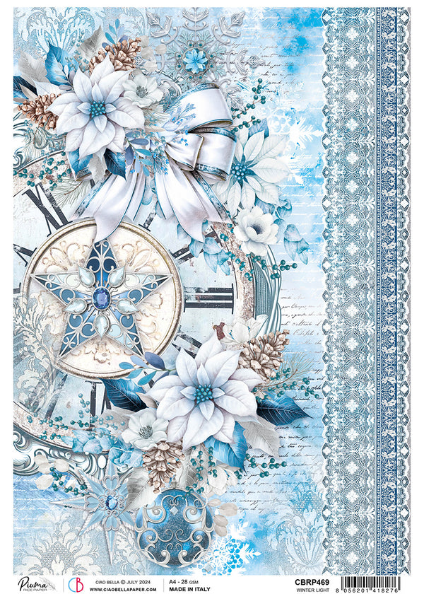 Ciao Bella Elegance of Blue WINTER LIGHT Christmas Rice Paper A4 Mixed Media #CBRP469