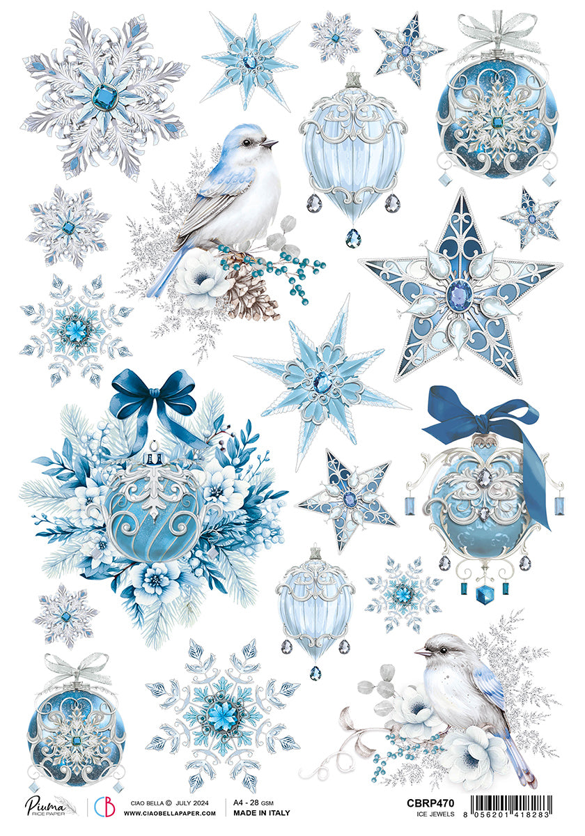 Ciao Bella Elegance of Blue ICE JEWELS Christmas Winter Rice Paper A4 Mixed Media #CBRP470