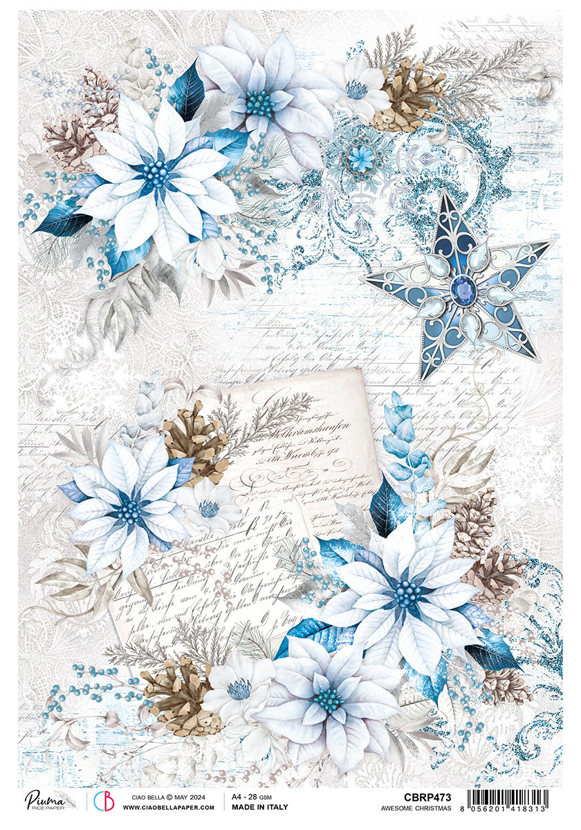 Ciao Bella Elegance of Blue AWESOME CHRISTMAS Rice Paper A4 Mixed Media #CBRP473