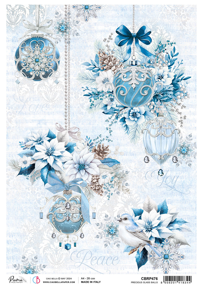 Ciao Bella Elegance of Blue PRECIOUS GLASS BALLS  Rice Paper A4 Mixed Media #CBRP476