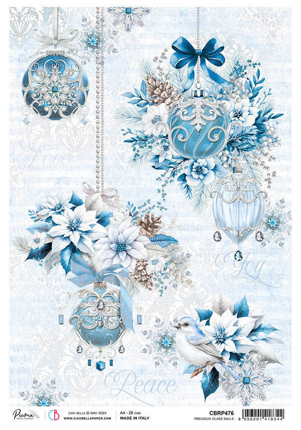 Ciao Bella Elegance of Blue PRECIOUS GLASS BALLS  Rice Paper A4 Mixed Media #CBRP476