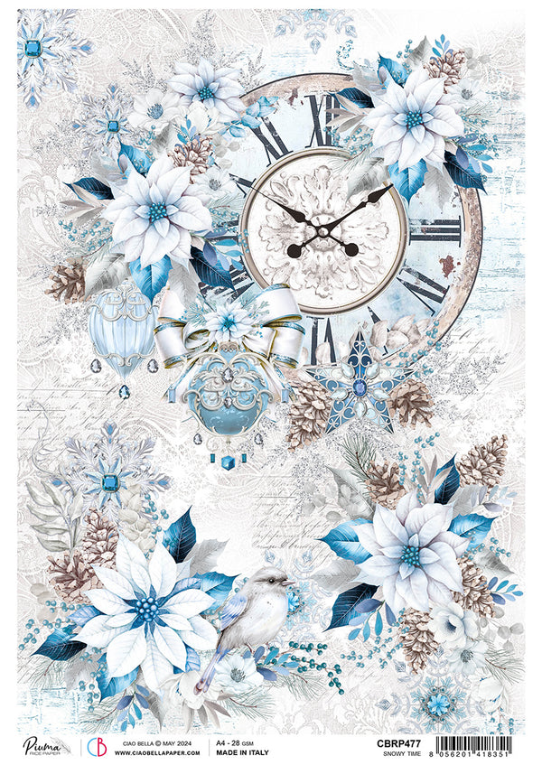 Ciao Bella Elegance of Blue SNOWY TIME Rice Paper A4 Mixed Media #CBRP477