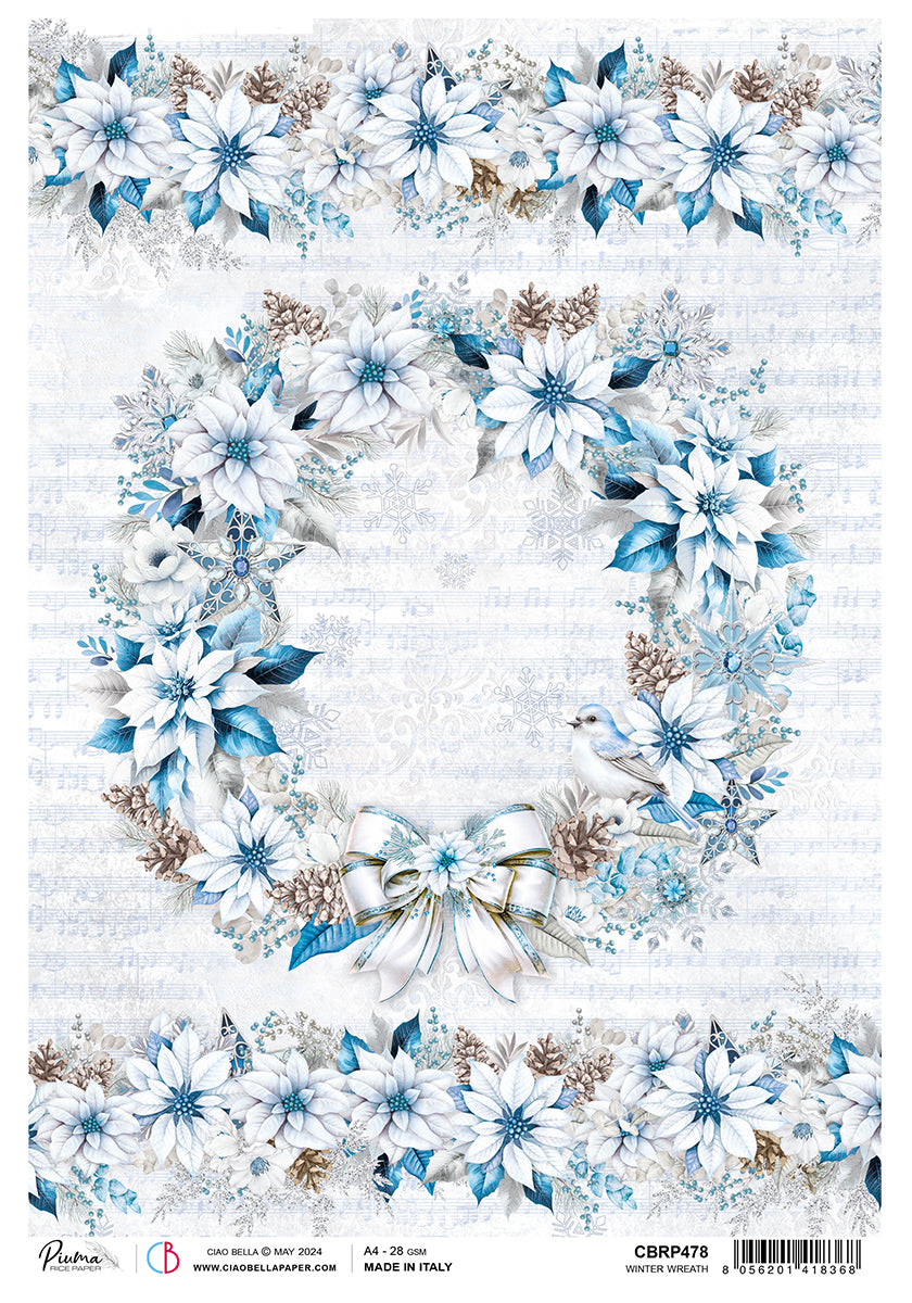 Ciao Bella Elegance of Blue WINTER WREATH Rice Paper A4 Mixed Media #CBRP478