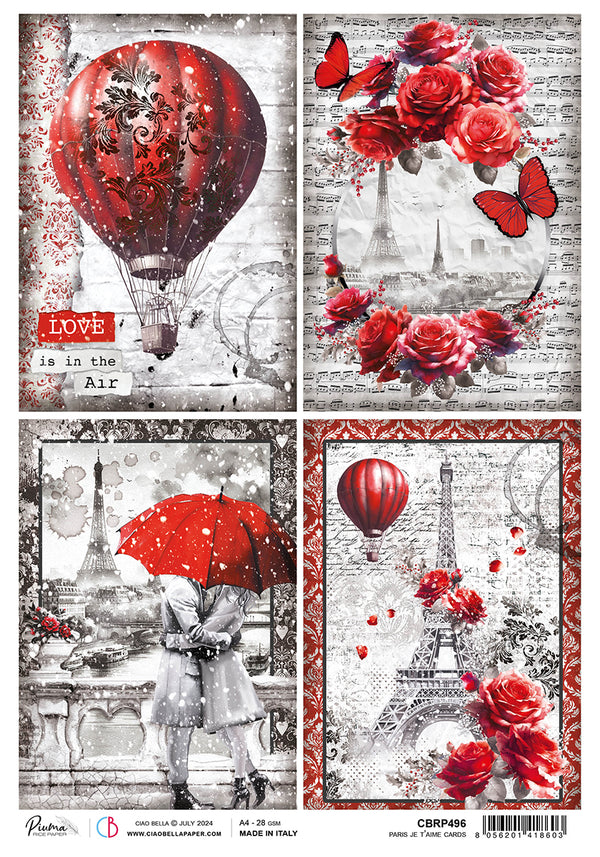 Ciao Bella Paris Je T'aime CARDS Rice Paper A4 Mixed Media #CBRP496