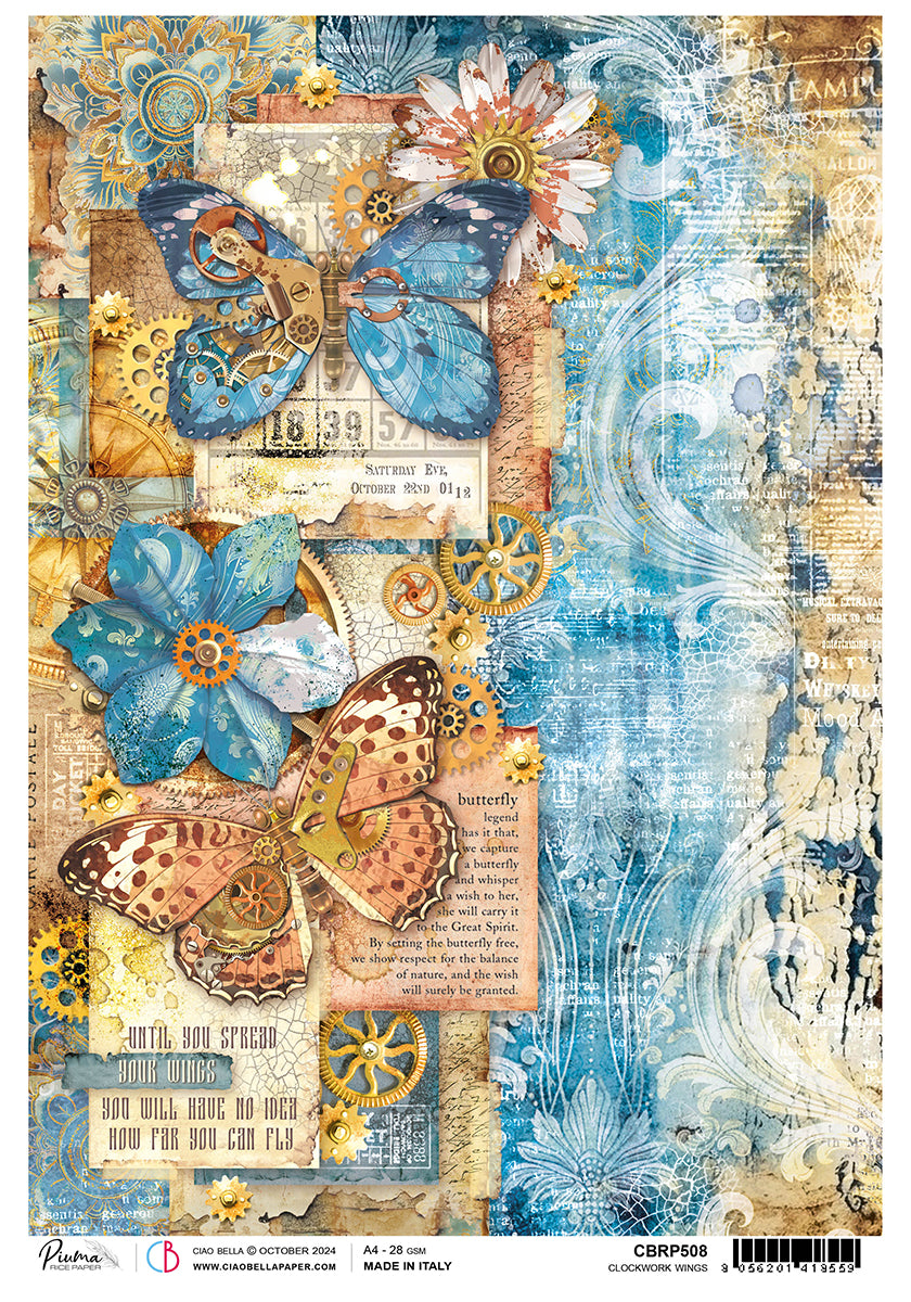 Ciao Bella Esprit de Voyage CLOCKWORK WINGS A4 Rice Paper Mixed Media #CBRP508