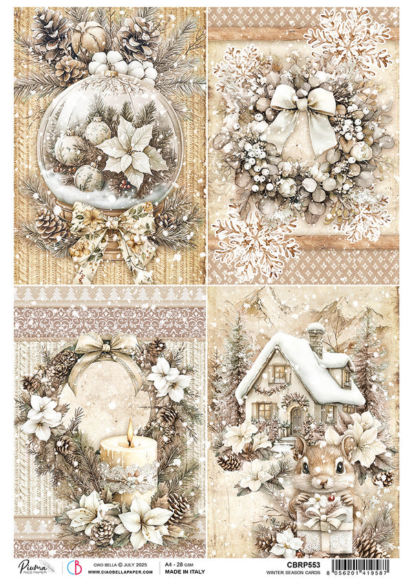 Set of Christmas-themed cards with winter scenes and decorative elements.