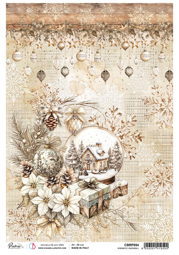 Decorative paper sheet with winter scene design featuring a snow globe, trees, and flowers.