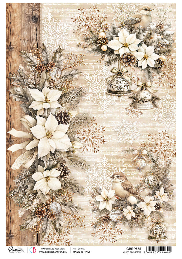 Decorative paper sheet with winter-themed design featuring flowers, bells, and birds on a rustic background.