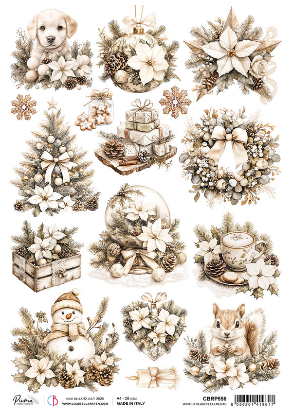 Collection of Christmas-themed illustrations including a puppy, wreaths, trees, and animals on a white background.