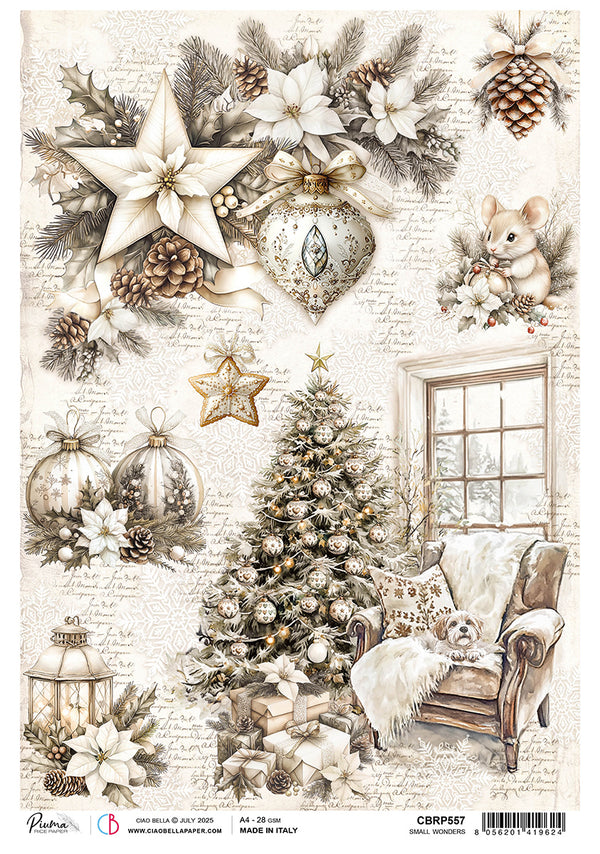 Decorative paper sheet with Christmas-themed design featuring a tree, ornaments, and a cozy room.