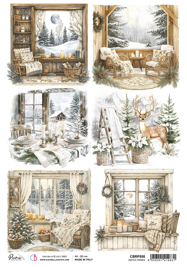Set of six winter-themed scenes with cozy interiors, Christmas decorations, and nature elements.