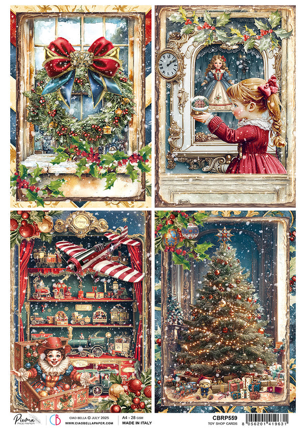 Four Christmas-themed panels with decorative elements, a girl, a clock, and a tree.
