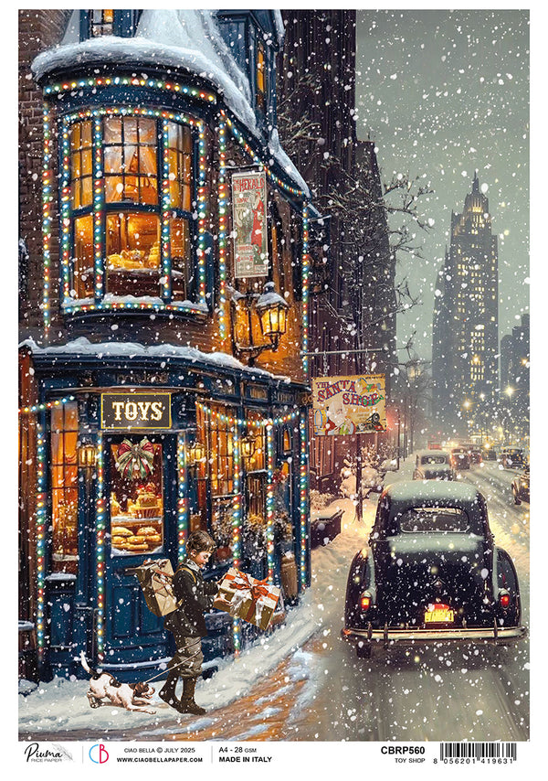 Snowy city street with a toy store and vintage car