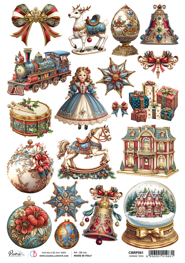 Collection of decorative Christmas items including a train, reindeer, and ornaments on a white background.