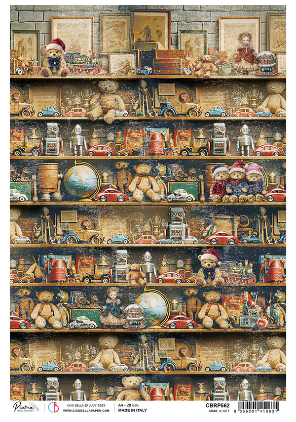 Shelves filled with various toys and collectibles in a vintage setting