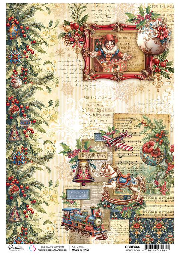 Decorative paper sheet with vintage Christmas design featuring toys, a child, and festive elements.