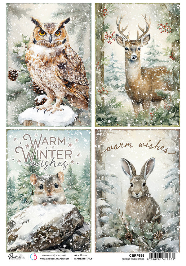 Set of four winter-themed cards featuring an owl, deer, rabbit, and text 'Warm Winter Wishes'.