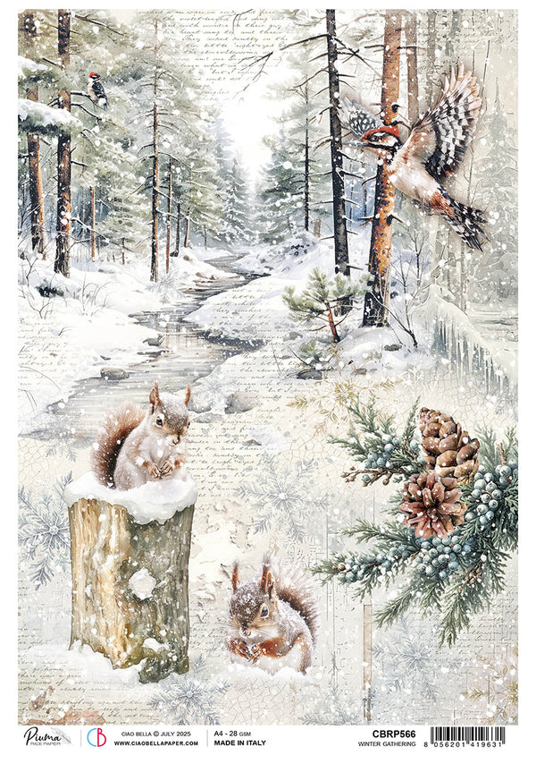 Winter scene with squirrels, birds, and pinecones on a snowy forest floor.