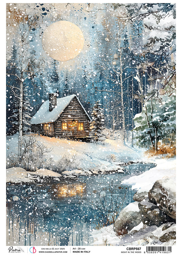 Winter scene with a cabin by a lake under a full moon