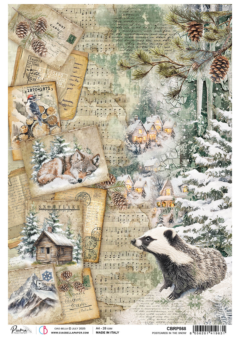 Ciao Bella FOREST TALES - POSTCARDS IN THE SNOW Winter Christmas A4 Rice Paper Mixed Media #CBRP568