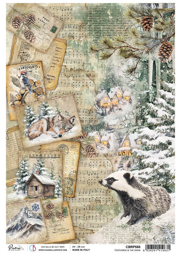 Ciao Bella FOREST TALES - POSTCARDS IN THE SNOW Winter Christmas A4 Rice Paper Mixed Media #CBRP568