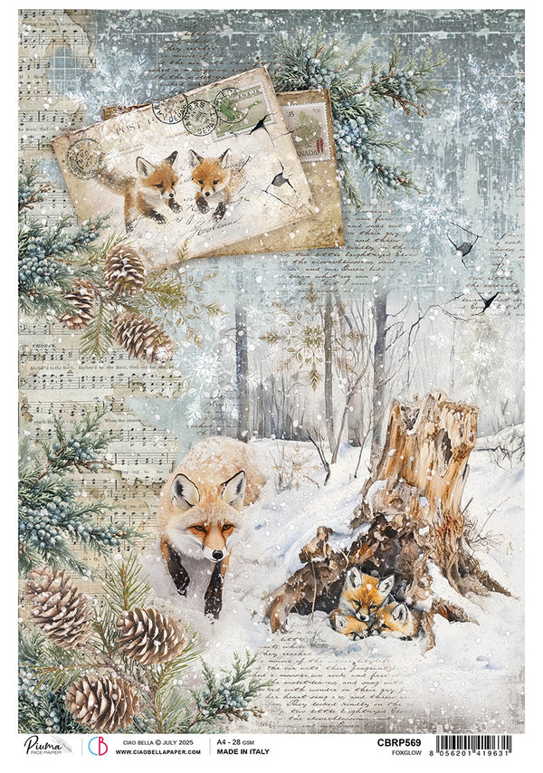 Winter scene with foxes, pinecones, and a snowy landscape.