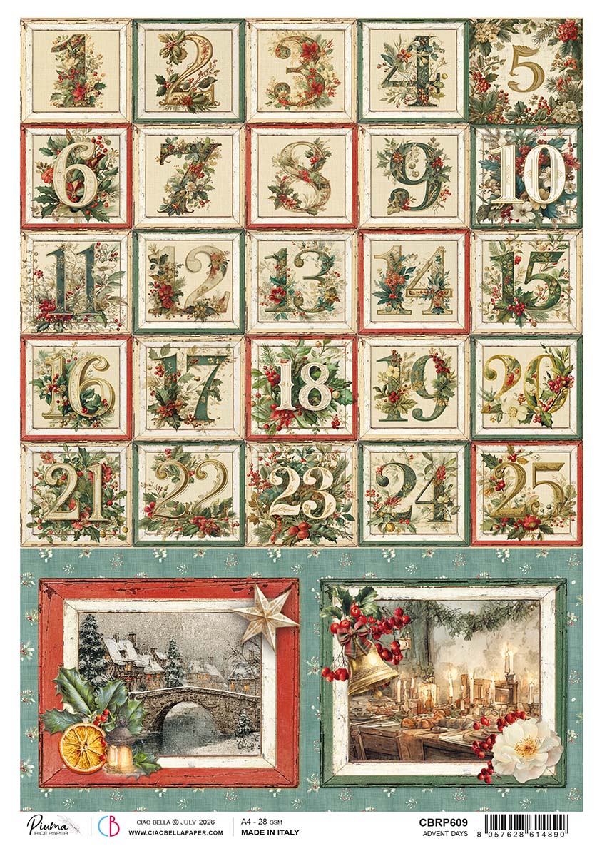 Ciao Bella Merry and Bright ADVENT DAYS A4 Rice Paper Mixed Media #CBRP609