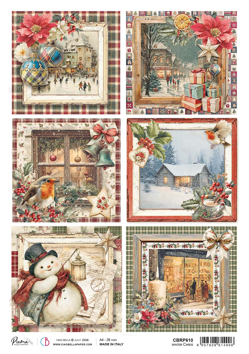 Ciao Bella Merry and Bright WINTER CARDS A4 Rice Paper Mixed Media #CBRP610