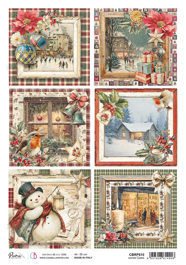 Ciao Bella Merry and Bright WINTER CARDS A4 Rice Paper Mixed Media #CBRP610