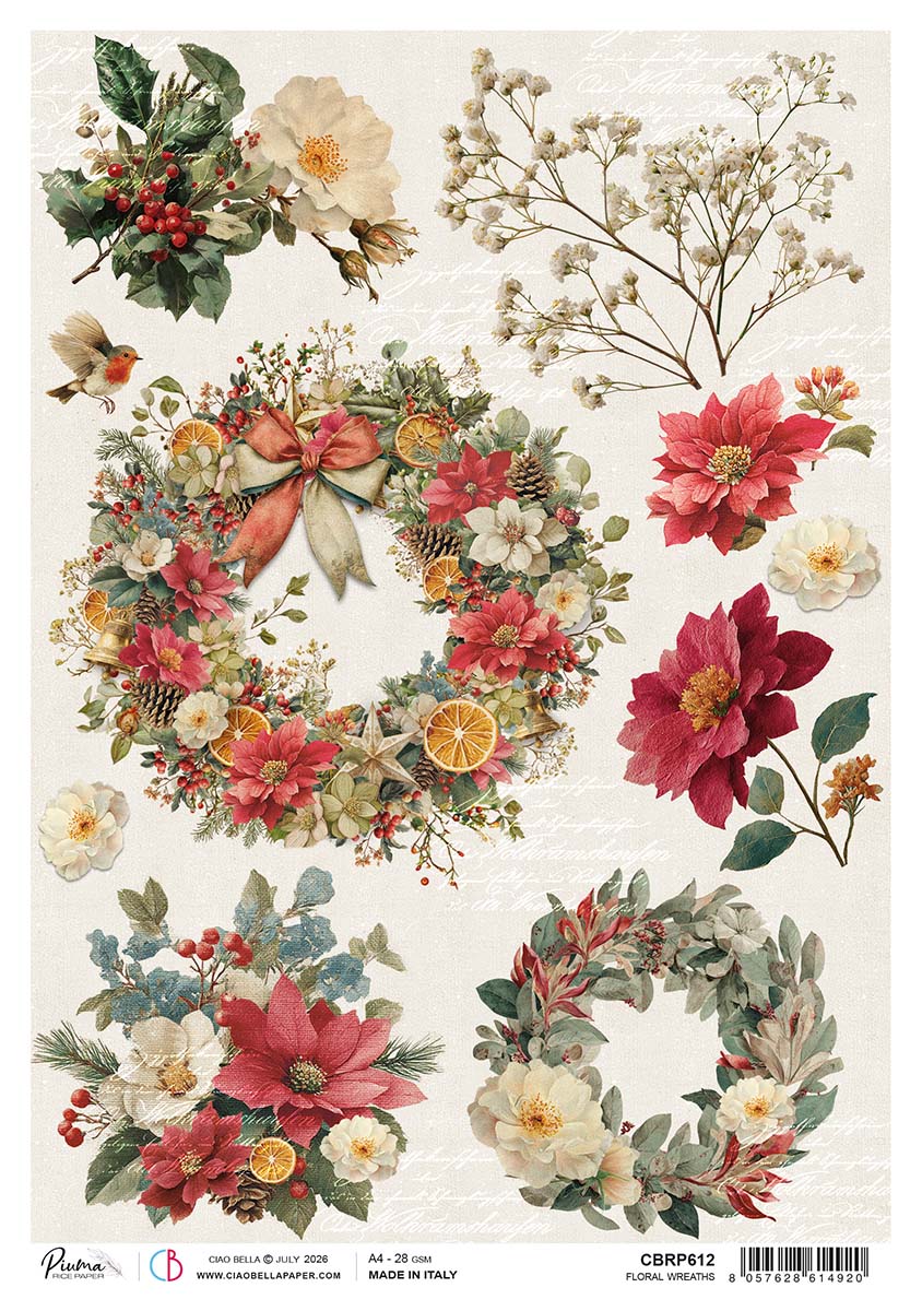 Ciao Bella Merry and Bright FLORAL WREATHS A4 Rice Paper Mixed Media #CBRP612