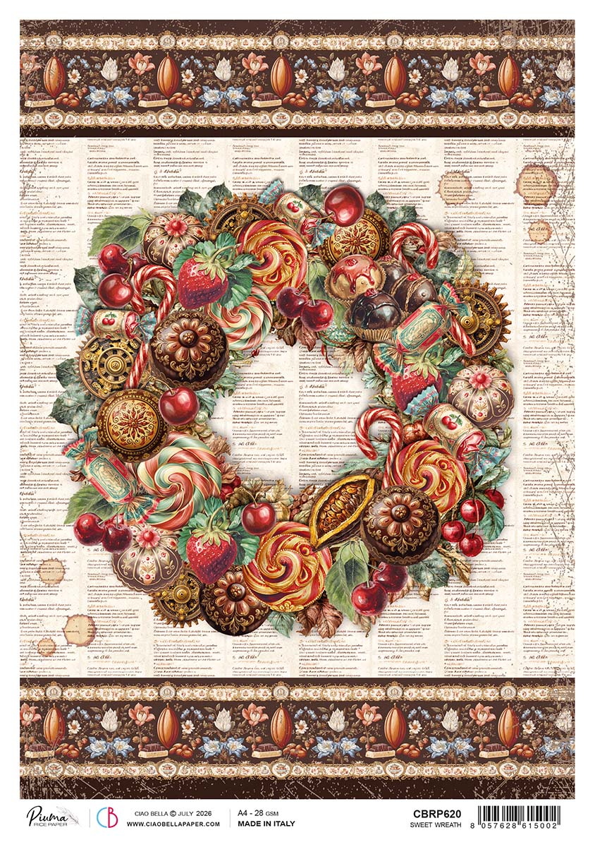 Ciao Bella Chocolate Wanderlust SWEET WREATH A4 Rice Paper Mixed Media #CBRP620