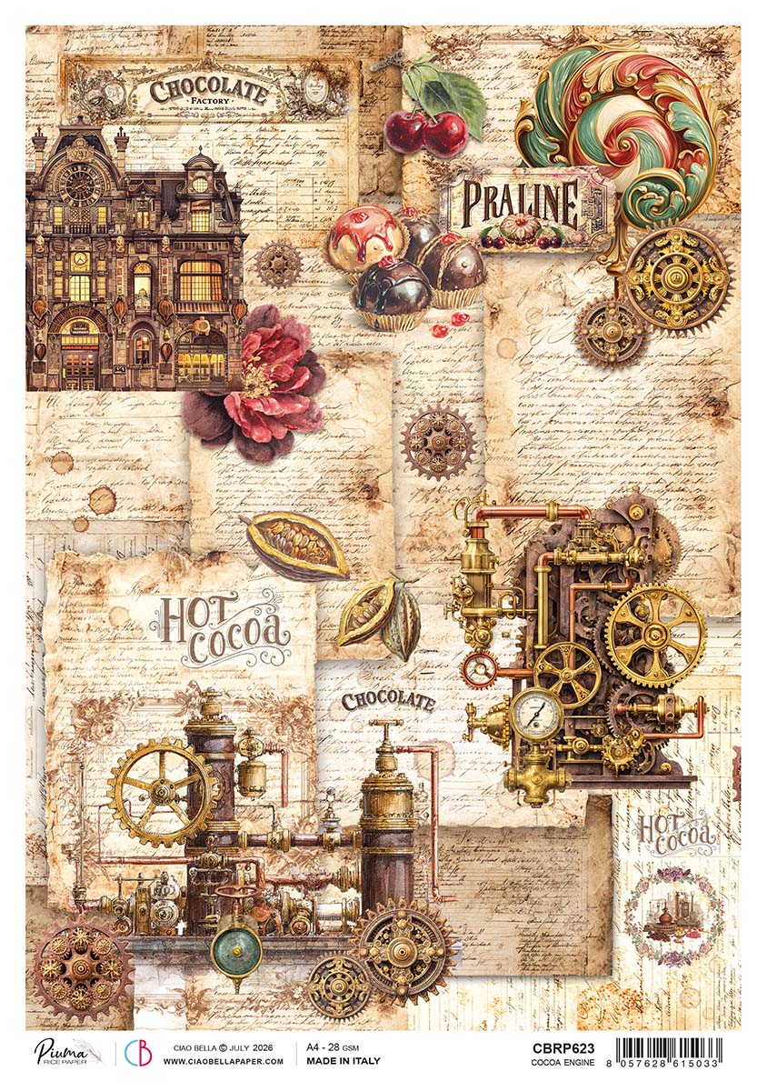Ciao Bella Chocolate Wanderlust COCOA ENGINE A4 Rice Paper Mixed Media #CBRP623