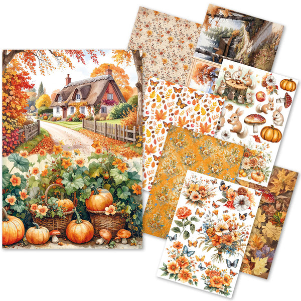Collection of autumn-themed stationery items including cards and stickers with pumpkins, leaves, and landscapes.