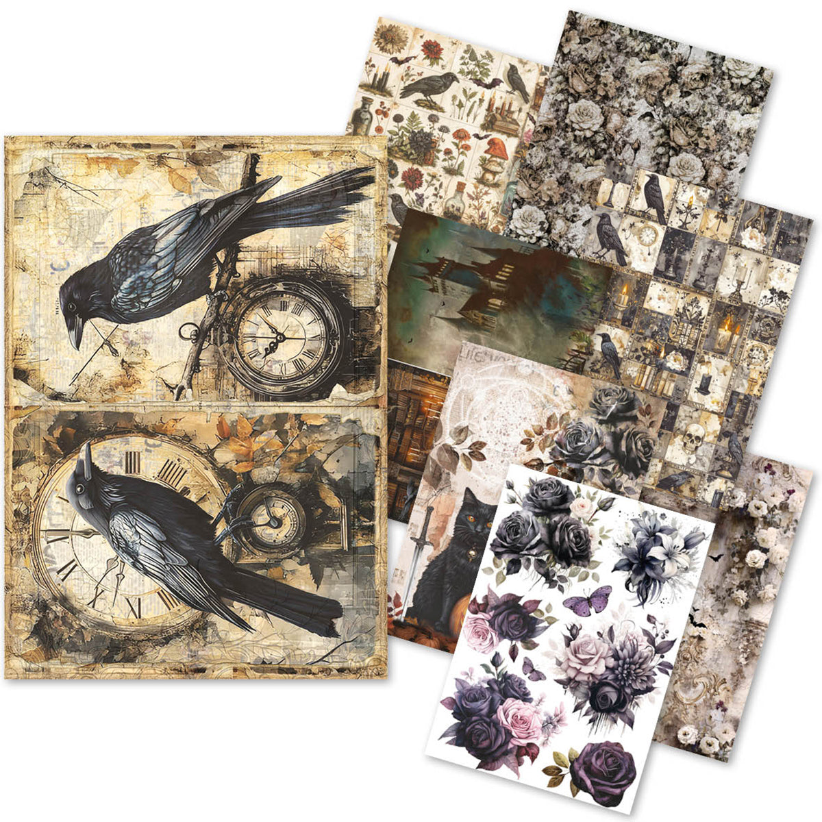 Collection of decorative paper sheets with vintage-style designs including birds, clocks, and floral patterns.