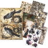 Collection of decorative paper sheets with vintage-style designs including birds, clocks, and floral patterns.