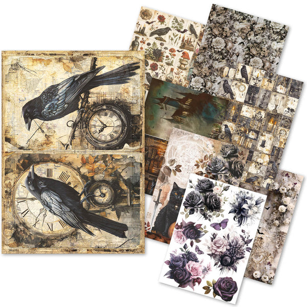 Collection of decorative paper sheets with vintage-style designs including birds, clocks, and floral patterns.