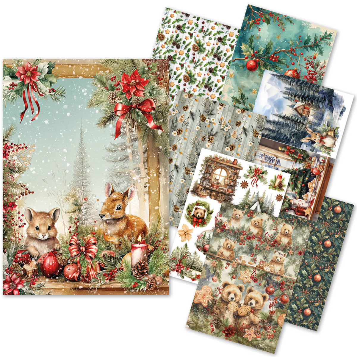 Collection of Christmas-themed cards with animals and festive elements on a white background.
