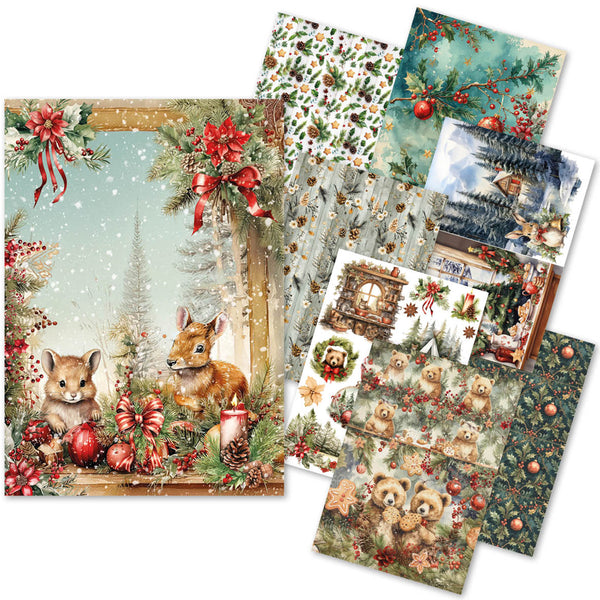 Collection of Christmas-themed cards with animals and festive elements on a white background.
