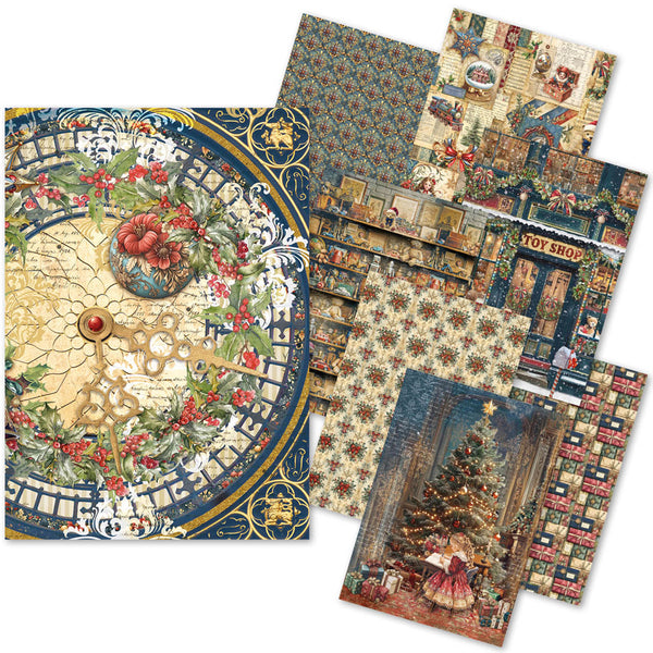 Collection of Christmas-themed paper sheets with decorative designs on a white background