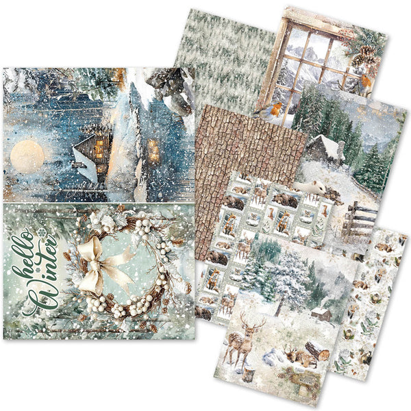 Collage of winter-themed stationery items including cards and paper sheets.