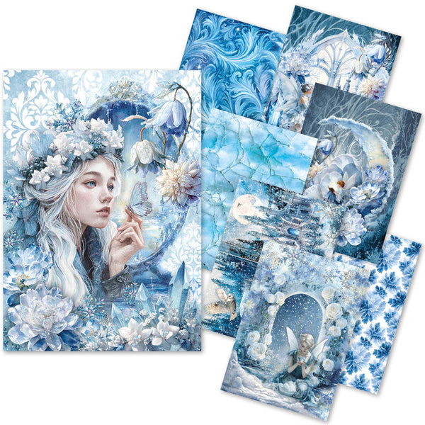 Collection of blue-themed cards with artistic designs and a fairy character.