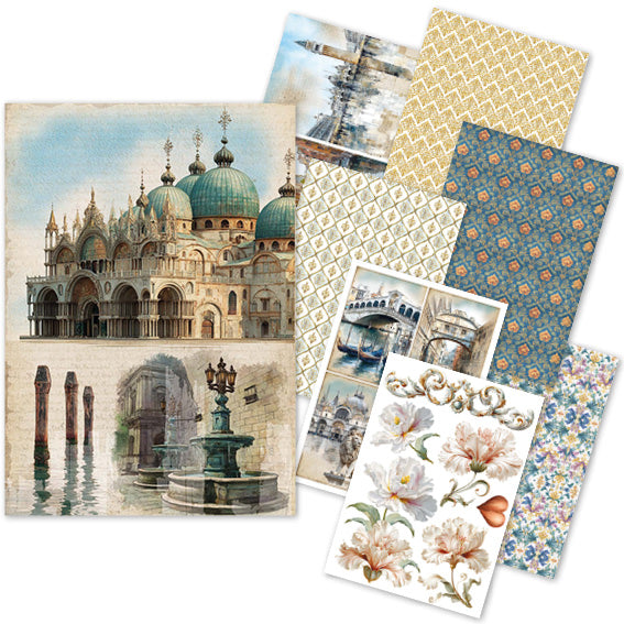 Ciao Bella A WALK IN VENICE A5 Assorted Rice Paper Selection Decoupage 8 sheets #CBRS034