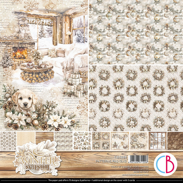Collage of a winter-themed paper pack with patterns, textures, and scenic images.