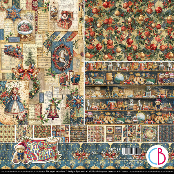 Collage of vintage-style Christmas-themed paper with toys, decorations, and a 'Toy Shop' design.