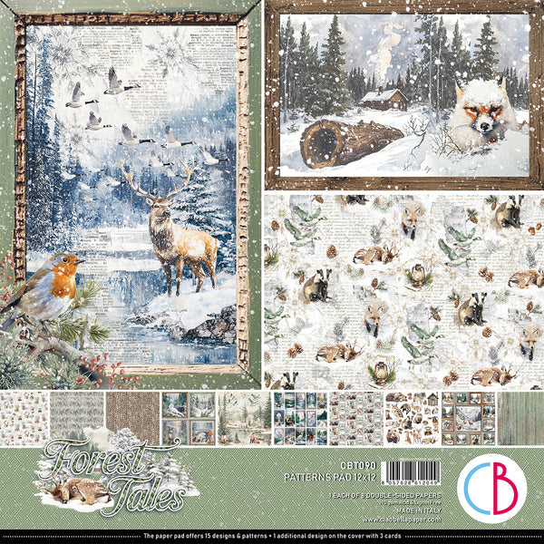 Collection of forest-themed paper designs with animals and nature elements, featuring the brand 'CB'.