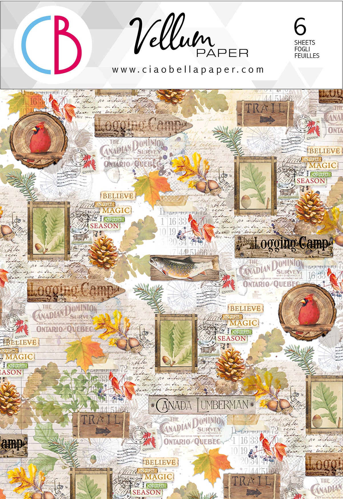 Vellum Paper pattern sheet featuring a rustic autumn-themed collage with red cardinal birds, pinecones, maple leaves, and vintage-style text elements on a light background. The top banner shows the brand logo 'CB' and 'Vellum Paper' with '6 sheets roll feûlles' text.