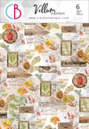 Vellum Paper pattern sheet featuring a rustic autumn-themed collage with red cardinal birds, pinecones, maple leaves, and vintage-style text elements on a light background. The top banner shows the brand logo 'CB' and 'Vellum Paper' with '6 sheets roll feûlles' text.