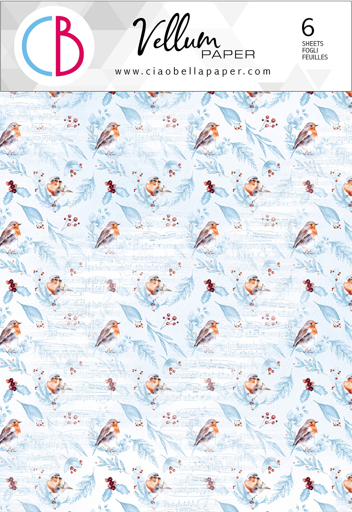 Vellum Paper sheet featuring a repeating pattern of small birds perched on light blue leaves over a pale blue script background. The top banner shows the brand logo 'CB', the text 'Vellum PAPER', the website 'www.